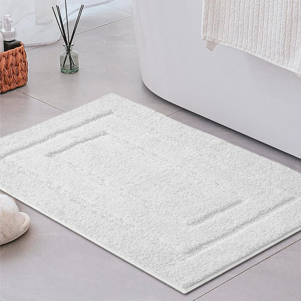 White 2 Piece Bordered Box Plush Soft Cozy 100% Polyester Bath Mat Set