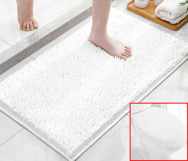 2 Piece Set White Soft Cozy Plush Chenille Bath Mat Bathroom Rug & Toilet Seat Cover