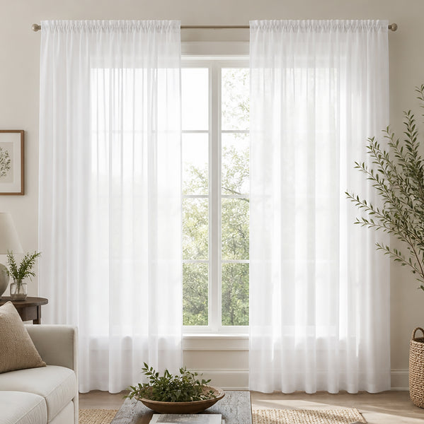 White Sheer Window Rod Pocket Curtain Set 90" Inches Long (2 Panels)