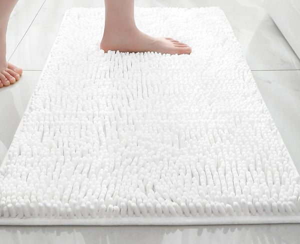 2 Piece Set White Soft Cozy Plush Chenille Bath Mat Bathroom Rug & Toilet Seat Cover
