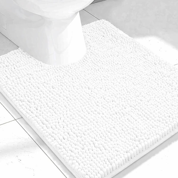 White Soft Cozy Plush Chenille Contour Bath Mat Bathroom Rug