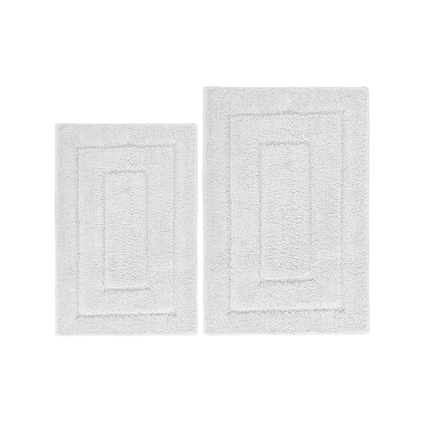White 2 Piece Bordered Box Plush Soft Cozy 100% Polyester Bath Mat Set