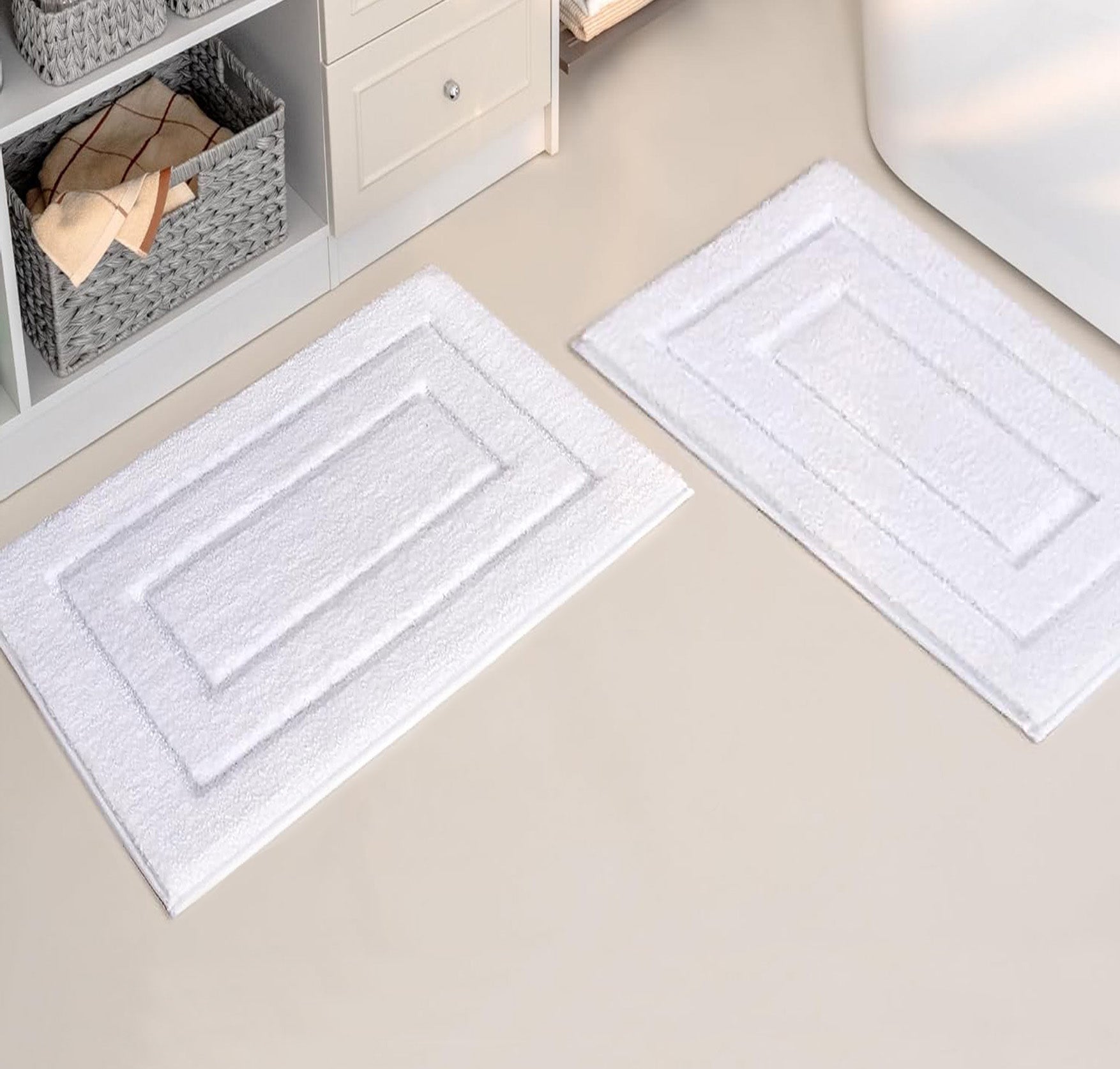 White 2 Piece Bordered Box Plush Soft Cozy 100% Polyester Bath Mat Set