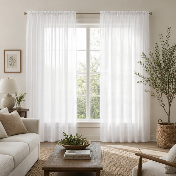 White Sheer Window Rod Pocket Curtain Set 90" Inches Long (2 Panels)