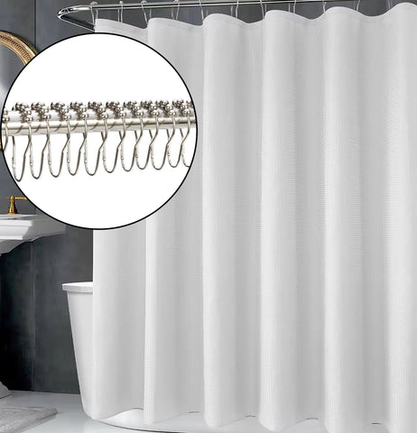 71" x 71" - White Fabric Textured Glam luxury Shower Curtain With 12 Metal Hooks