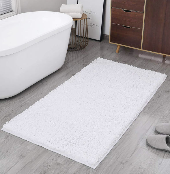 2 Piece Set White Soft Cozy Plush Chenille Bath Mat Bathroom Rug
