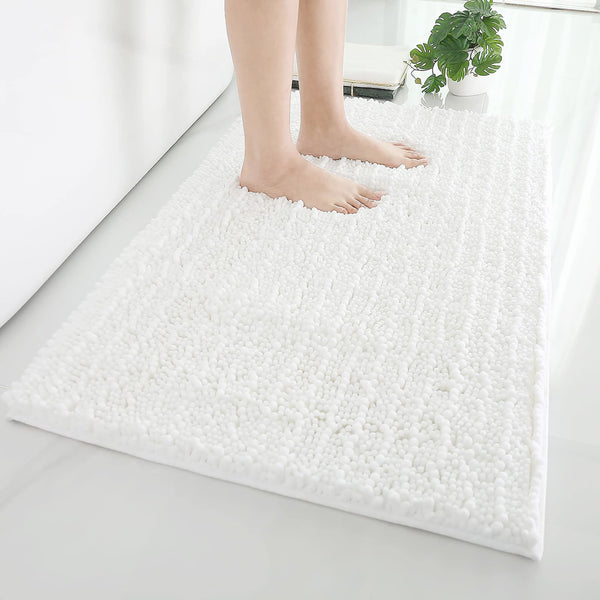 Large 2 Piece Set White Soft Cozy Plush Chenille Bath Mat Bathroom Rug