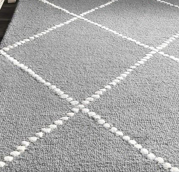 7'6" x 9'6" Wool Area Rug – Gray and Ivory Geometric Grid Pattern, Textured Contemporary Indoor Rug for Living Room, Bedroom or Dining Room