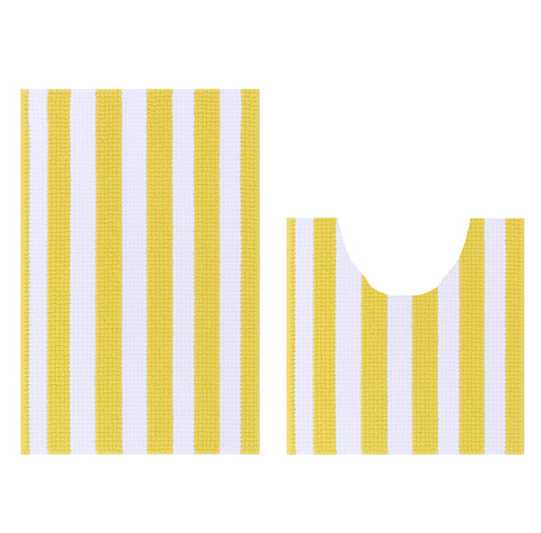2 Piece Set Yellow White Stripe Soft Cozy Plush Chenille Bath Mat Bathroom Rug