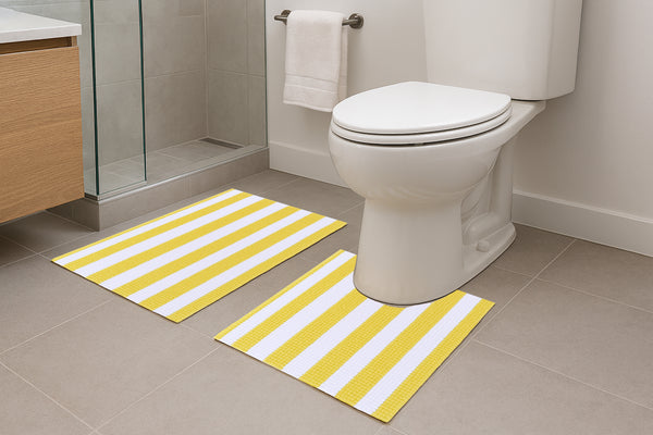 2 Piece Set Yellow White Stripe Soft Cozy Plush Chenille Bath Mat Bathroom Rug