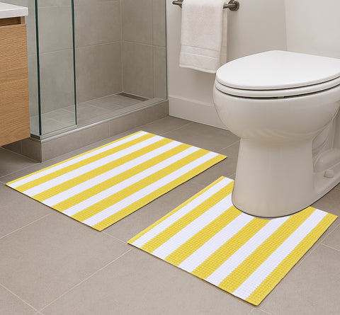 2 Piece Set Yellow White Stripe Soft Cozy Plush Chenille Bath Mat Bathroom Rug