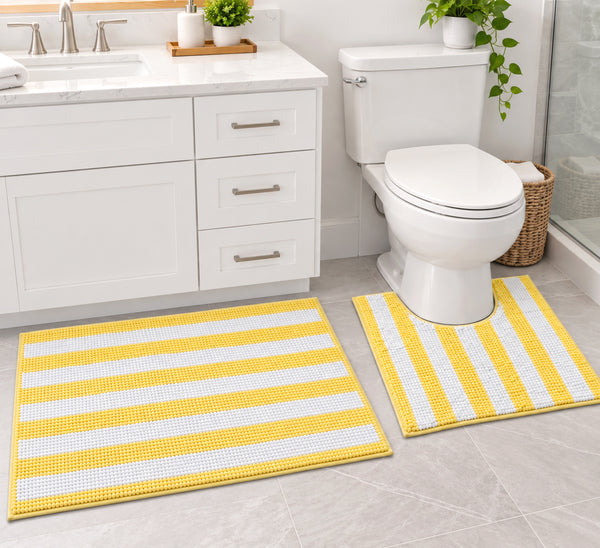 2-Piece Chenille Yellow & White Striped Bath Mat Set with Contour Toilet Rug – Soft Absorbent Bathroom Rugs