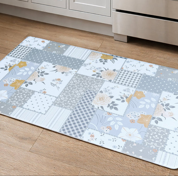 White Grey Geometric Floral Comfort Anti-Fatigue Plush Waterproof Non-slip Kitchen Mat - 18"x30"