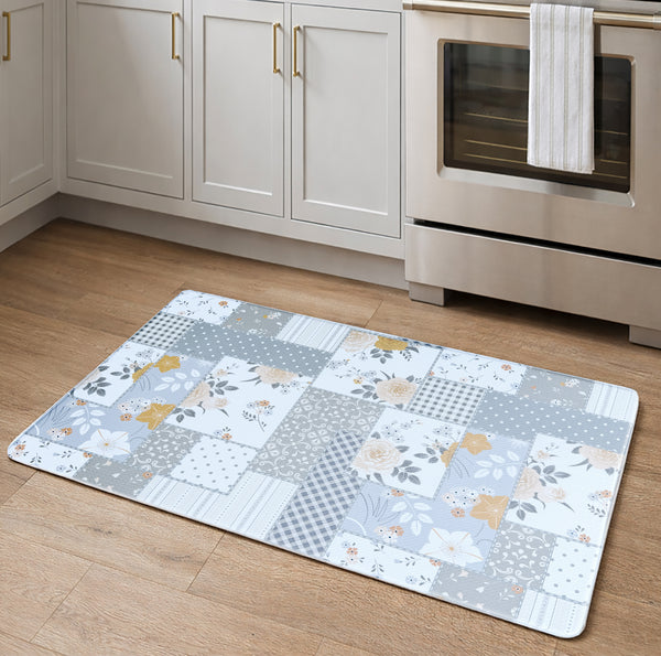 White Grey Geometric Floral Comfort Anti-Fatigue Plush Waterproof Non-slip Kitchen Mat - 18"x30"