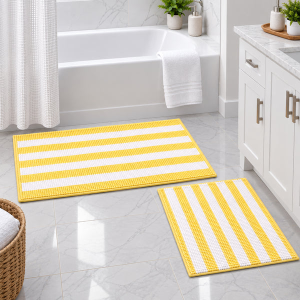 2-Piece Yellow & White Striped Chenille Bath Mat Rug Set – Soft Absorbent Bathroom Rugs