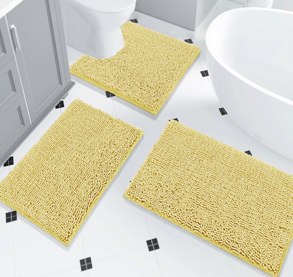 3 Piece Set Yellow Soft Cozy Plush Chenille Bath Mat Highly Absorbent Bathroom Rug