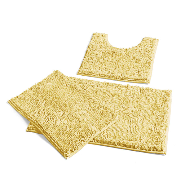 3 Piece Set Yellow Soft Cozy Plush Chenille Bath Mat Highly Absorbent Bathroom Rug