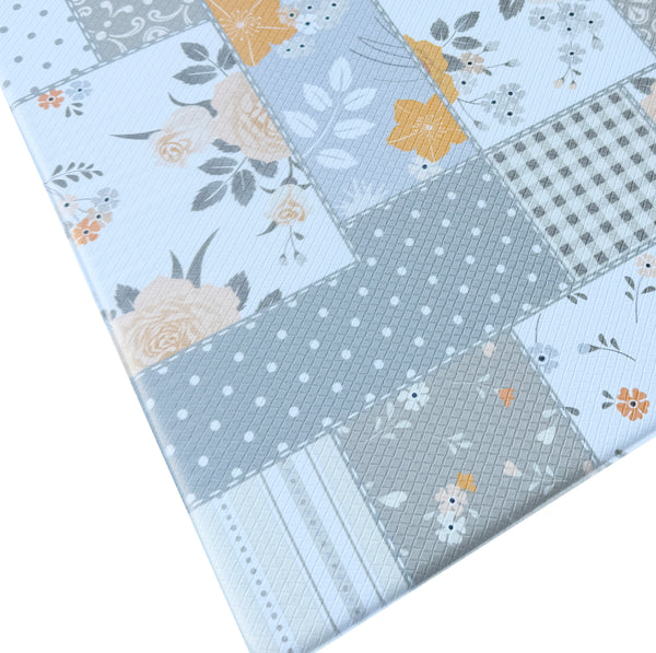 White Grey Geometric Floral Comfort Anti-Fatigue Plush Waterproof Non-slip Kitchen Mat - 18"x30"