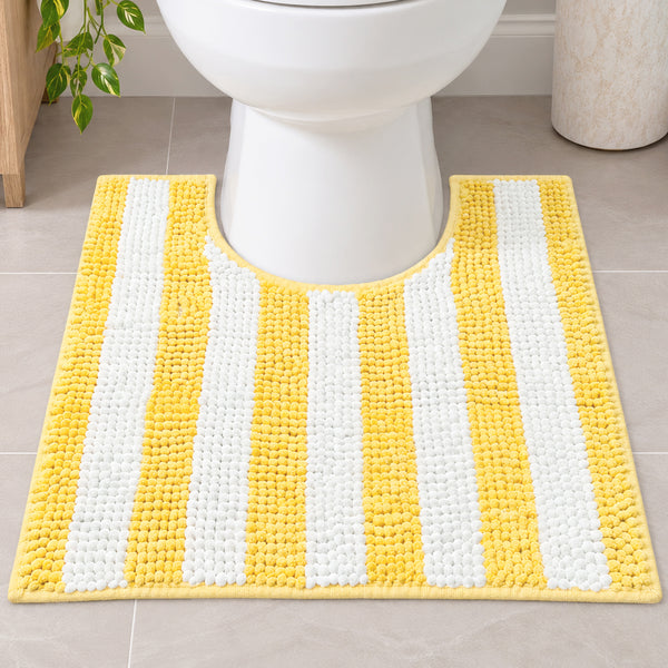 Yellow & White Chenille Striped Contour Toilet Bath Mat – Soft Absorbent Bathroom Rug