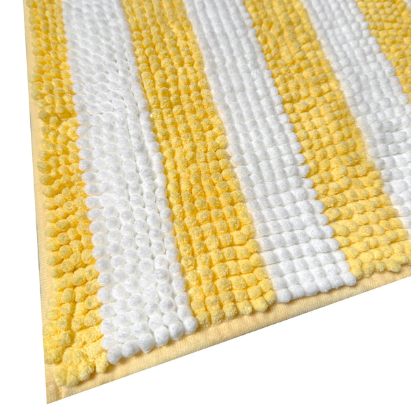 2-Piece Yellow & White Striped Chenille Bath Mat Rug Set – Soft Absorbent Bathroom Rugs