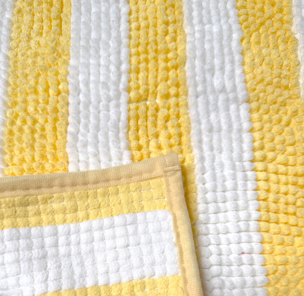 2-Piece Chenille Yellow & White Striped Bath Mat Set with Contour Toilet Rug – Soft Absorbent Bathroom Rugs