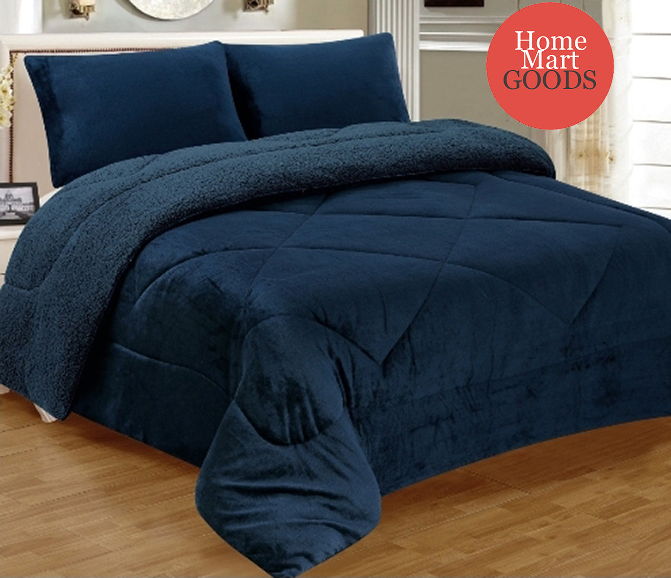 Navy Blue Warm Super Thick Soft Borrego Sherpa Quilted Blanket 3 Piece Set