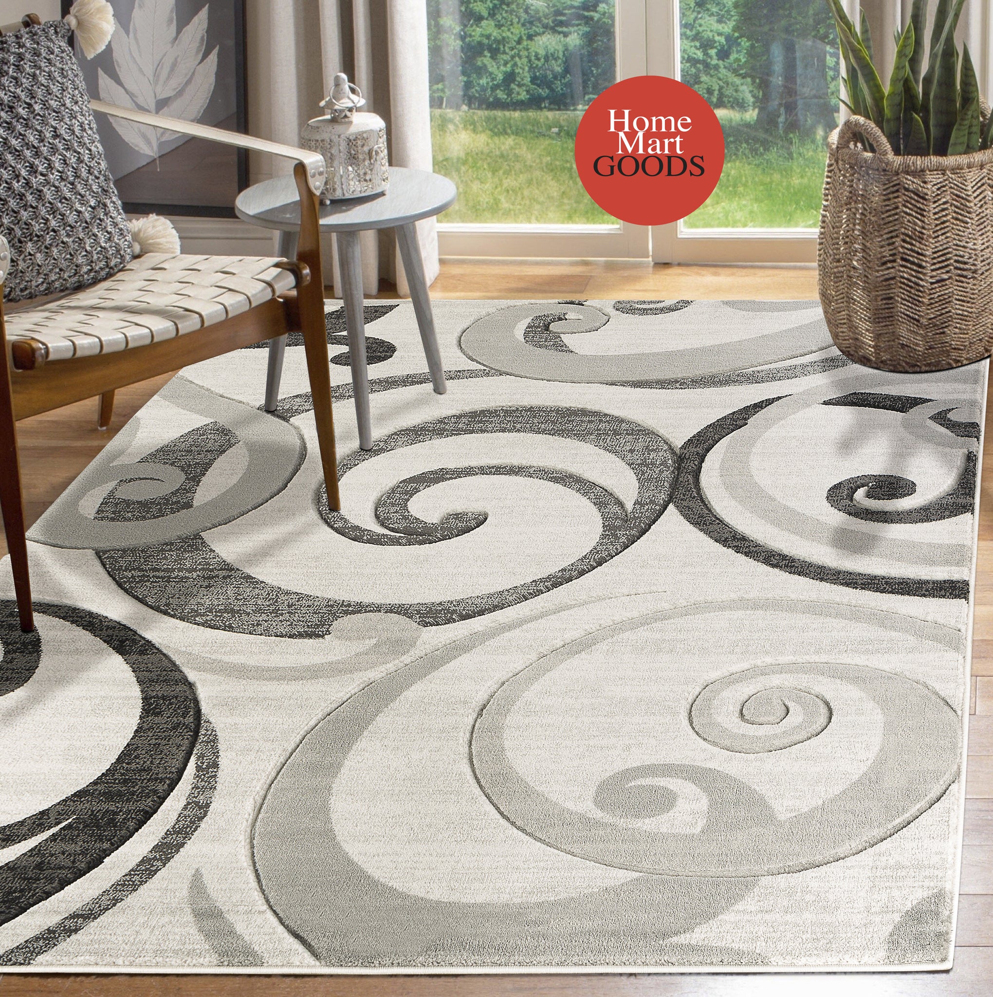Grey Swirls Hand-Carved Soft Living Room Area Rug