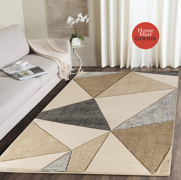 Beige Grey Geometric Triangles Hand-Carved Soft Living Room Area Rug