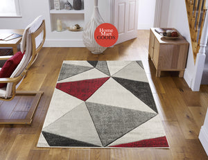 Red Silver Grey Geometric Triangles Hand-Carved Soft Living Room Area Rug