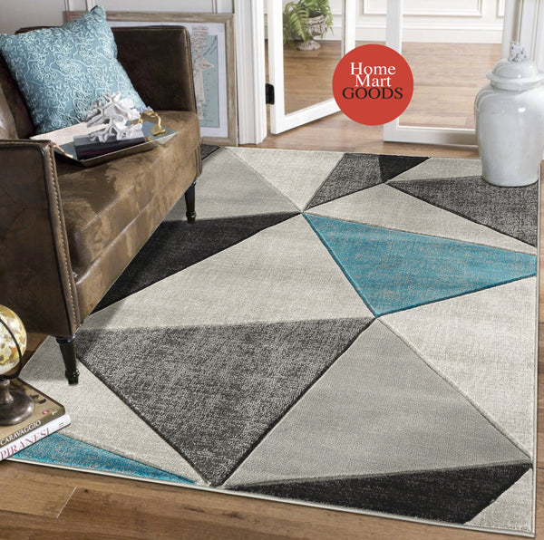 Turquoise Silver Geometric Triangles Hand-Carved Soft Living Room Area Rug