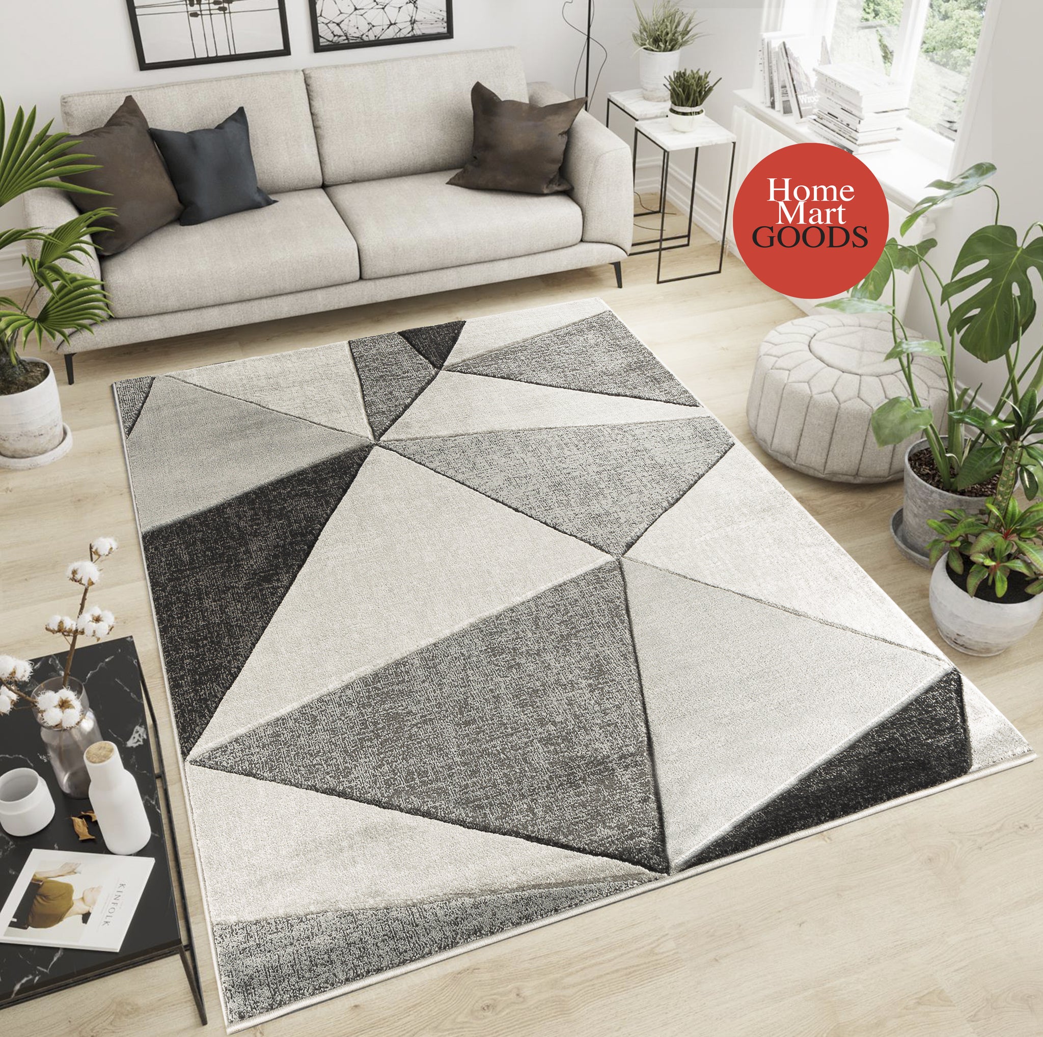 Silver Grey Geometric Triangles Hand-Carved Soft Living Room Area Rug