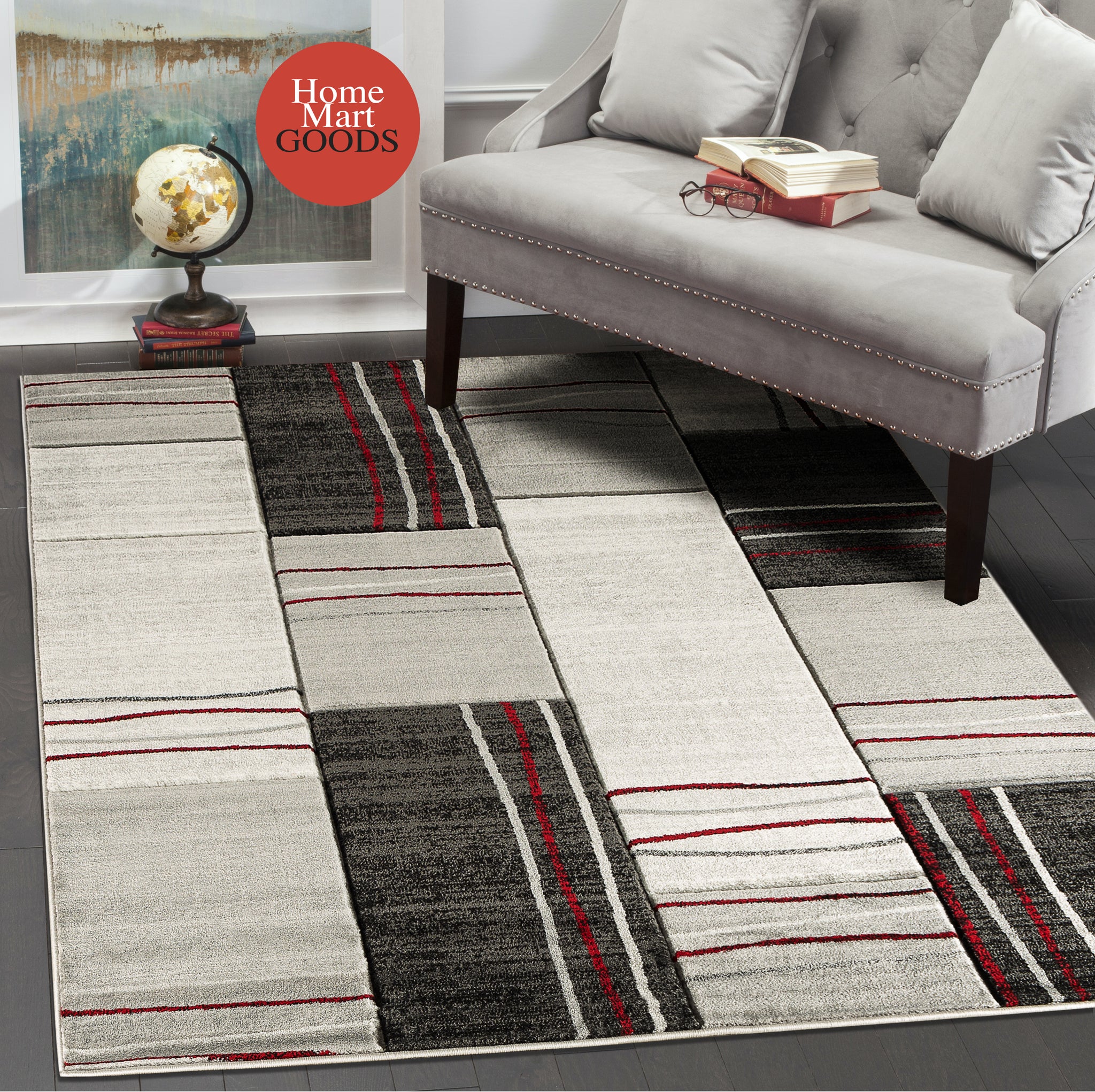 Red Silver Geometric Rectangles Hand-Carved Soft Living Room Area Rug