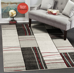 Red Silver Geometric Rectangles Hand-Carved Soft Living Room Area Rug