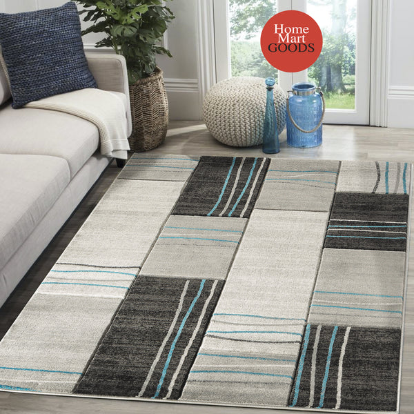 Silver Grey Turquoise Geometric Rectangles Hand-Carved Soft Living Room Area Rug