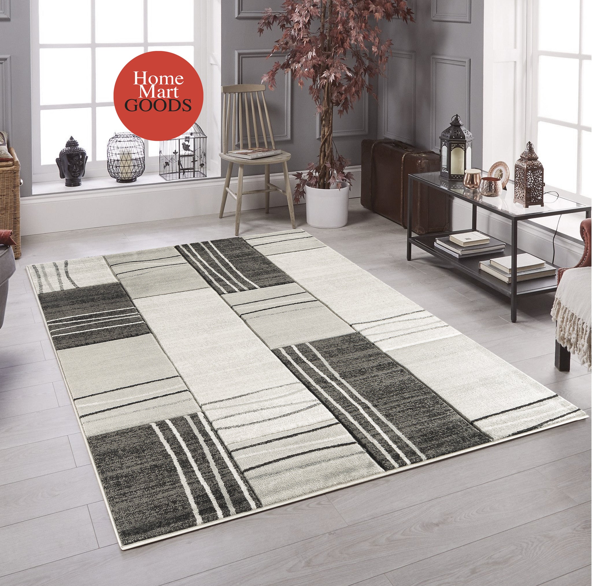 Silver Grey Geometric Rectangles Hand-Carved Soft Living Room Area Rug