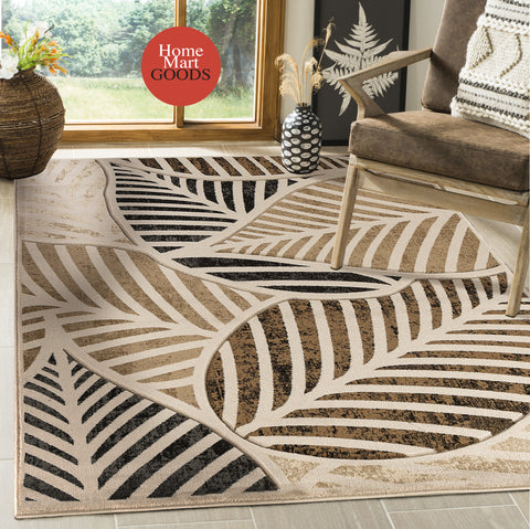 Beige Leaf Hand-Carved Soft Living Room Area Rug