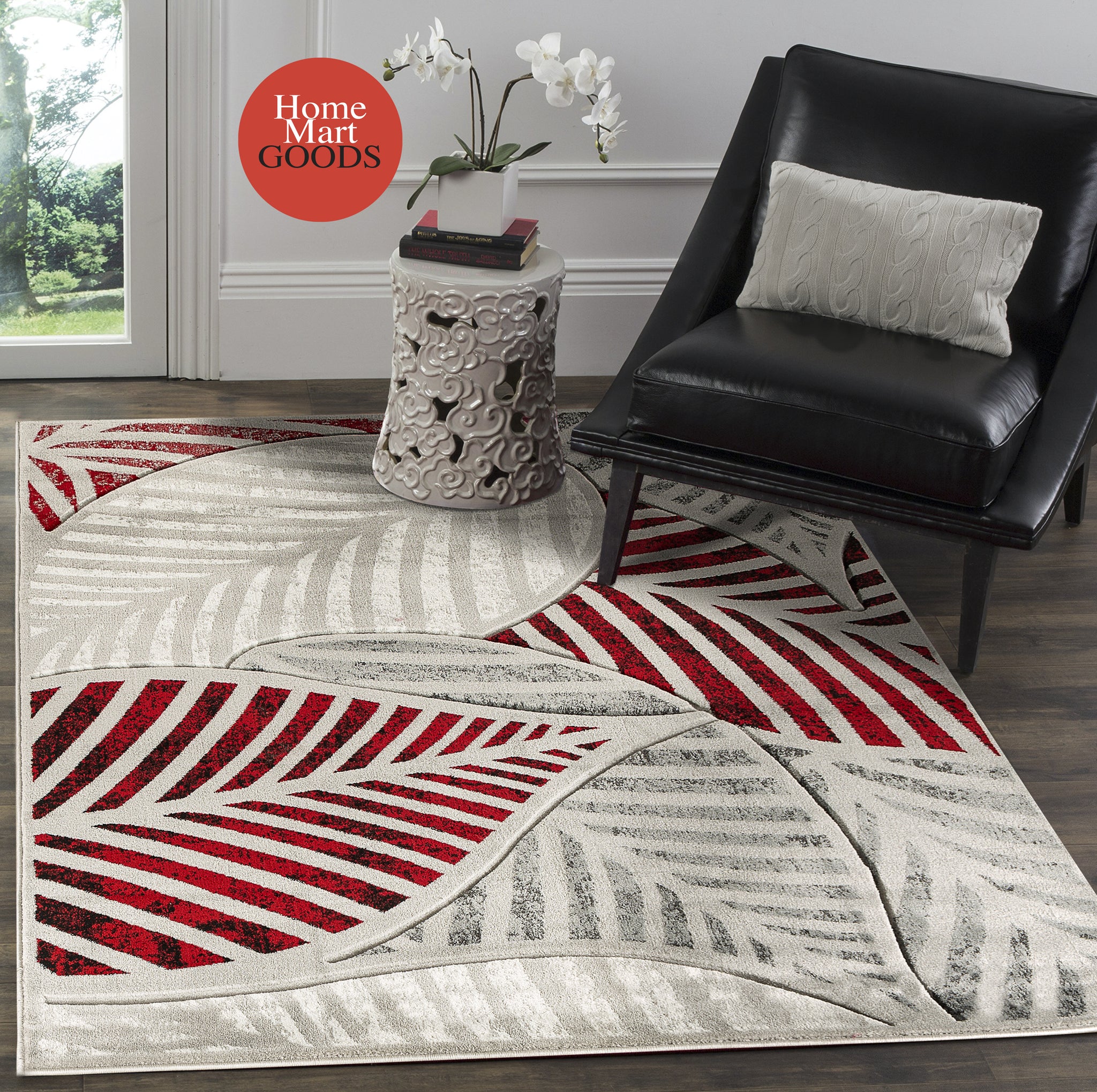 Red Silver Grey Leaf Hand-Carved Soft Living Room Area Rug