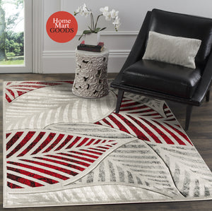 Red Silver Grey Leaf Hand-Carved Soft Living Room Area Rug