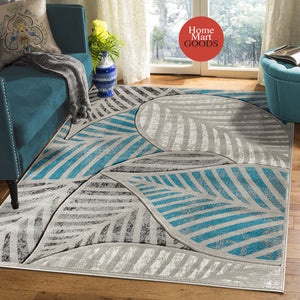 Turquoise Silver Grey Leaf Hand-Carved Soft Living Room Area Rug