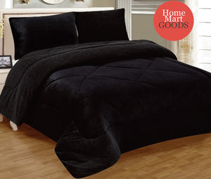 Black Warm Super Thick Soft Borrego Sherpa Quilted Blanket 3 Piece Set