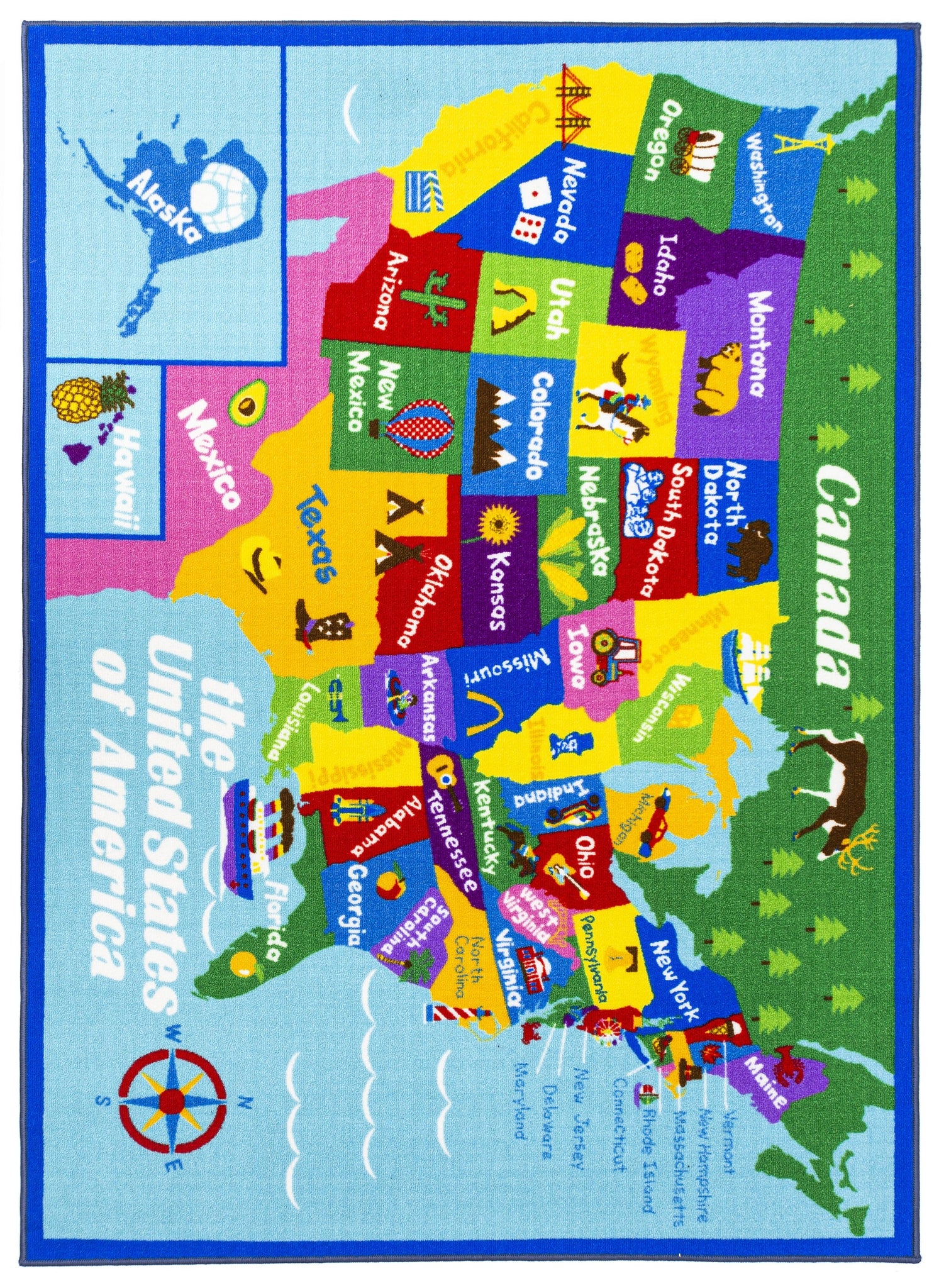 Educational USA States Map / Princess World Reversible Fun Kids Area Rug