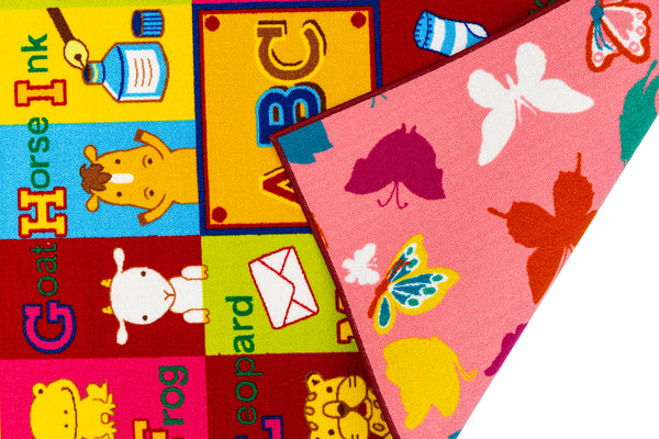 Multi Color ABCs Educational / Pink Butterflies Reversible Fun Kids Area Rug