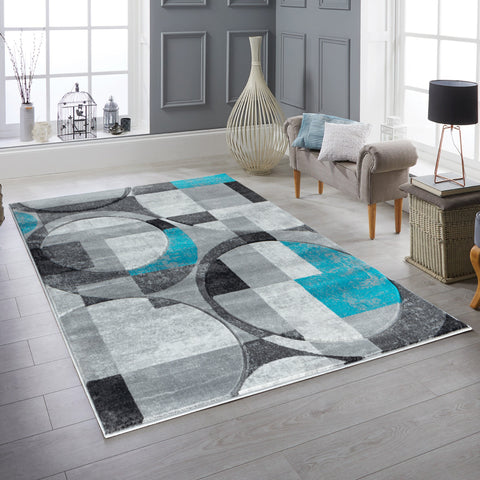Silver Grey Blue Turquoise Geometric Shapes Hand-Carved Abstract Soft Premium Modern Contemporary Non-Shedding Area Rug