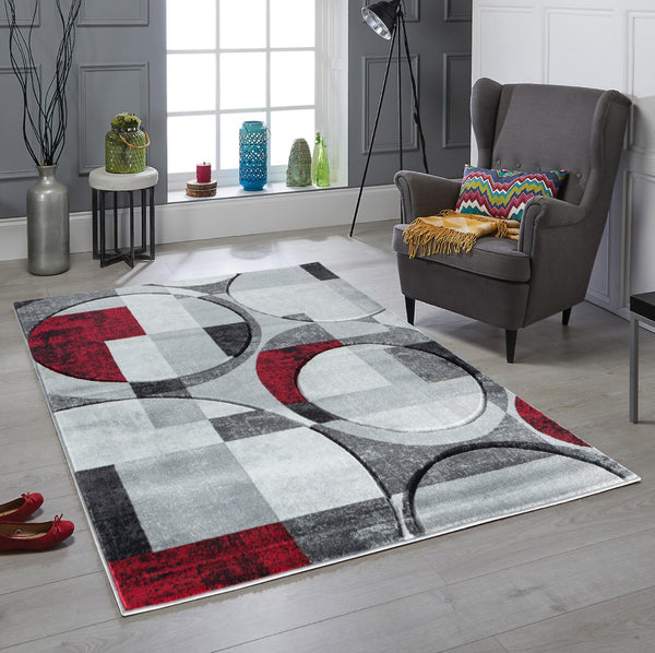 Silver Grey Red Geometric Shapes Hand-Carved Abstract Soft Premium Modern Contemporary Non-Shedding Area Rug