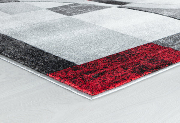 Silver Grey Red Geometric Shapes Hand-Carved Abstract Soft Premium Modern Contemporary Non-Shedding Area Rug
