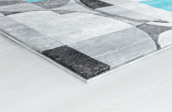 Silver Grey Blue Turquoise Geometric Shapes Hand-Carved Abstract Soft Premium Modern Contemporary Non-Shedding Area Rug