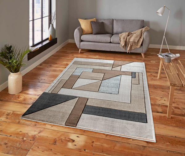 Beige Charcoal Grey Geometric Shapes Hand-Carved Abstract Soft Premium Modern Contemporary Non-Shedding Area Rug