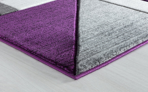Purple Silver Charcoal Grey Geometric Shapes Hand-Carved Abstract Soft Premium Modern Contemporary Non-Shedding Area Rug