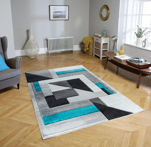 Turquoise Blue Teal Silver Charcoal Grey Geometric Shapes Hand-Carved Abstract Soft Premium Modern Contemporary Non-Shedding Area Rug