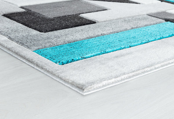 Turquoise Blue Teal Silver Charcoal Grey Geometric Shapes Hand-Carved Abstract Soft Premium Modern Contemporary Non-Shedding Area Rug